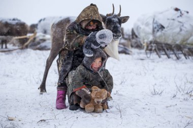 Yamal Yarımadası, en kuzeyde. Soğuk bir kış gününde ren geyiği otlağı üzerinde mutlu bir oğlan ve kız, kutup dairesi, çocuklar ve hayvanlar.