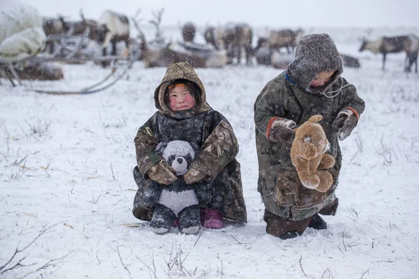 Península Yamal Extremo Norte Menino Menina Felizes Pastagem Renas Dia — Fotografia de Stock