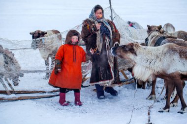 Tundra 'nın bir sakini, Kuzey' in yerli sakinleri, elinde maytap tutan bir kız, hayatında ilk kez bir maytap tutan kadın, kızıyla şaşkınlıkla bakıyor.