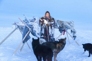 Tundra 'nın kuzeyindeki milli kış kıyafetleri içindeki bir kadın, -40' lı yıllarda, kutup gecelerinde, bir köpekle oynar.