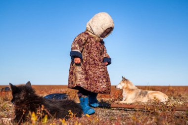 En kuzeyde Yamal, Nenets halkının geçmişi, kuzeydeki insanların evi, tundrada yurdun yakınlarında oynayan bir kız.