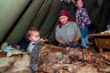 Tundra, aşırı kuzey, Yamal, Nenet halkının otlakları, kuzeydeki insanların evleri, yurt, sanatsal tonlama, yurttaki büyük aile, sanat gürültüsü.