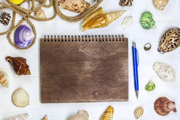 Summer Vacation Concept Sea Shells Rope White Wooden Background Notebook — Stock Photo, Image