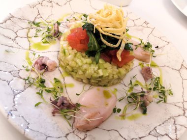 Restoran yemeği, soğuk aperatifler, salatalık tartarı ve taze kalamar ile kızarmış roka.