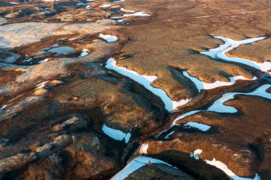 Ormanın bahar manzarası, nehir kıyısı, kuş bakışı, kutup dairesi, tundra. Helikopterden güzel tundra manzarası.