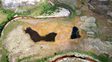 Orman-tundra manzarası ve kumlu nehir kıyısı, kuadrokopterden fotoğraf, kuş bakışı manzara. Kuzey Kutup Dairesi, tunda