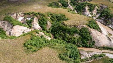 Orman-tundra manzarası ve kumlu nehir kıyısı, kuadrokopterden fotoğraf, kuş bakışı manzara. Kuzey Kutup Dairesi, tunda