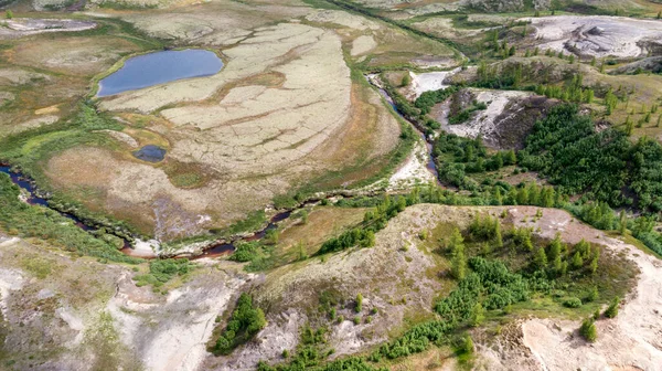 Landscape Forest Tundra Sandy River Bank Photo Quadrocopter Bird Eye — Stock Photo, Image