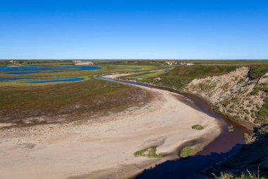 Yazın orman-tundra manzarası, kumlu nehir kıyısı. Kuzey Kutup Dairesi, Tunda. Güzel tundra manzarası