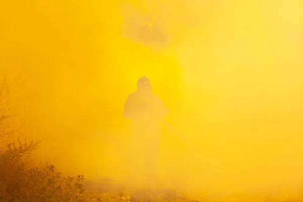 Les Feux Forêt Silhouette Pompier Dans Fumée Ardente Éteint Forêt — Photo