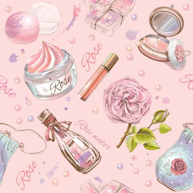 Rose cosmetic seamless pattern.