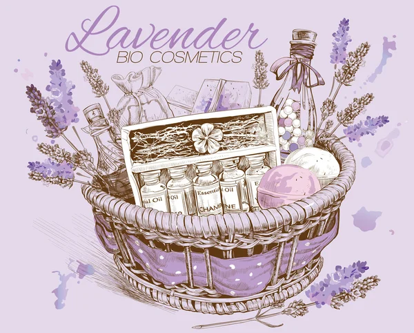 Lavendel natuurlijke cosmetica mand. — Stockvector