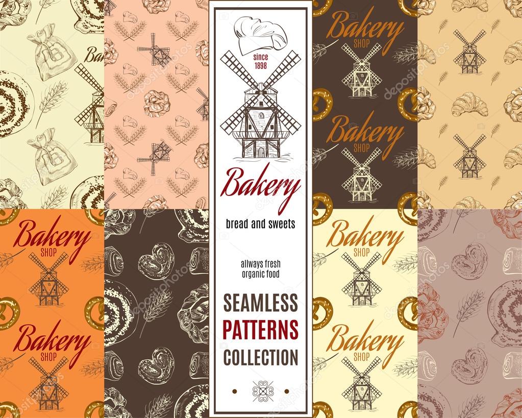 Seamless bakery patterns set. Vector illustration