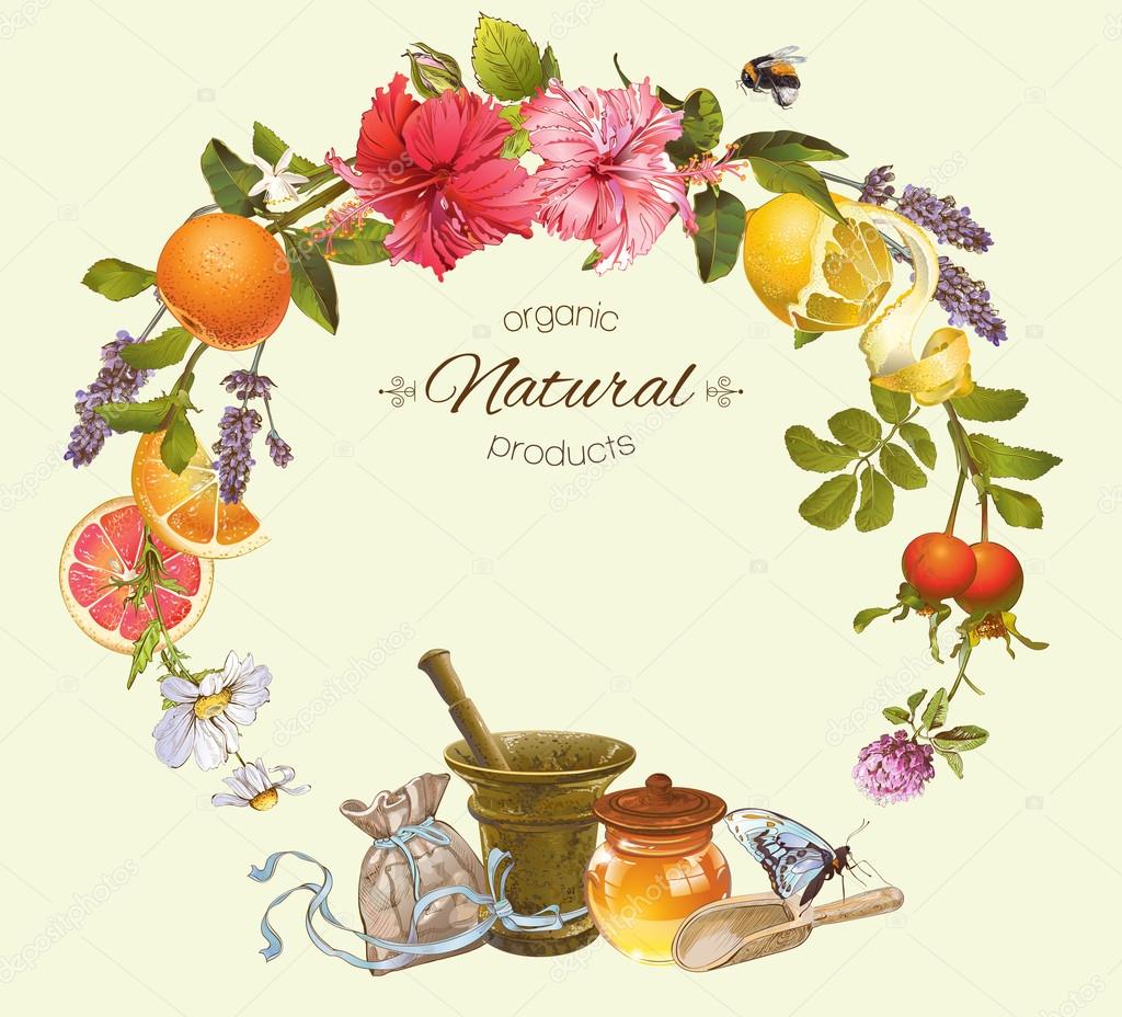Vector vintage frame with honey, hibiscus,lemon and rose hip.Design for tea, juice, natural cosmetics, baking,candy and sweets,grocery,health care products. With place for text.