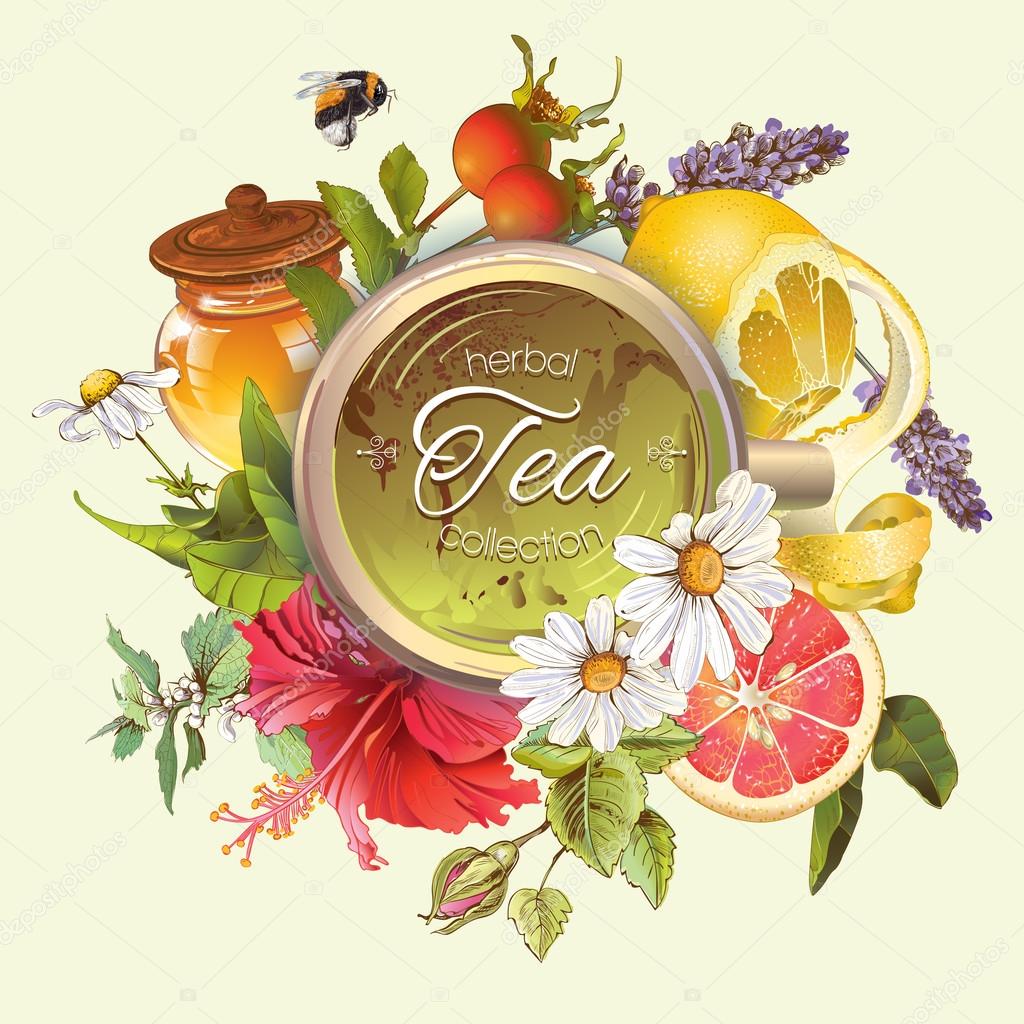 Vector vintage herbal banner with honey, hibiscus,lemon and rose hip.Design for tea, juice, natural cosmetics, baking,candy and sweets,grocery,health care products. With place for text.