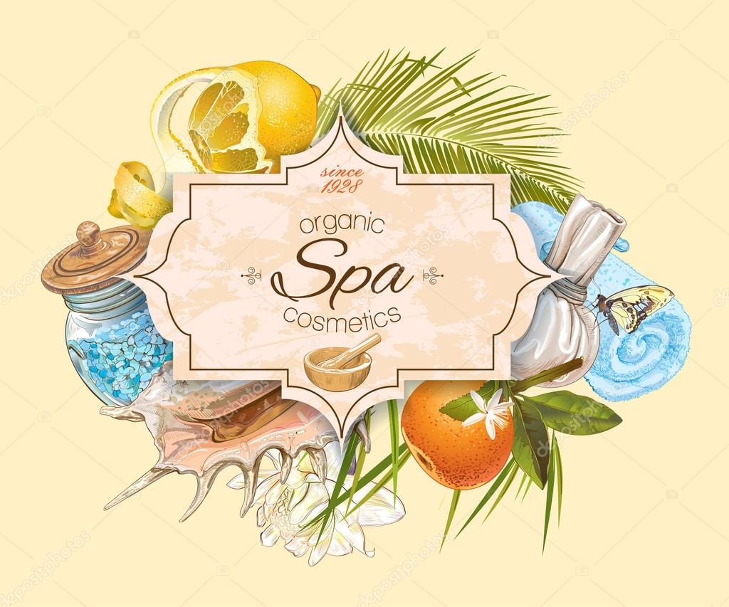 Spa treatment banner with lotus,palm leaf and citrus fruits. Design for cosmetics, store,spa and beauty salon, organic health care products. Can be used as logo design. Vector illustration.