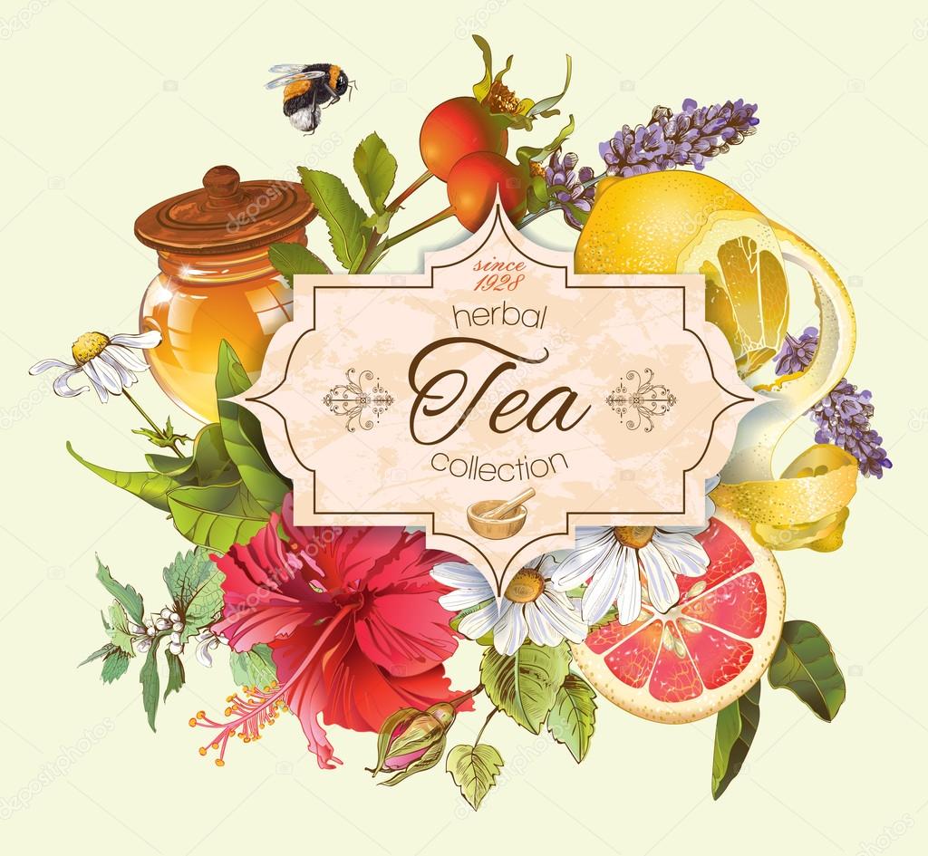 Vector vintage herbal tea banner with honey, hibiscus,lemon and rose hip.Design for tea, juice, natural cosmetics, baking,candy and sweets,grocery,health care products. With place for text.
