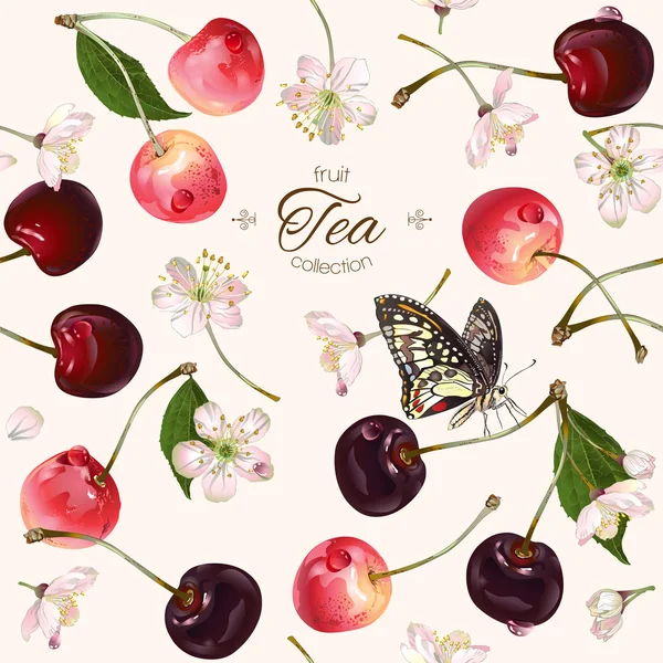 Vector cherry tea seamless pattern. — Stock Vector