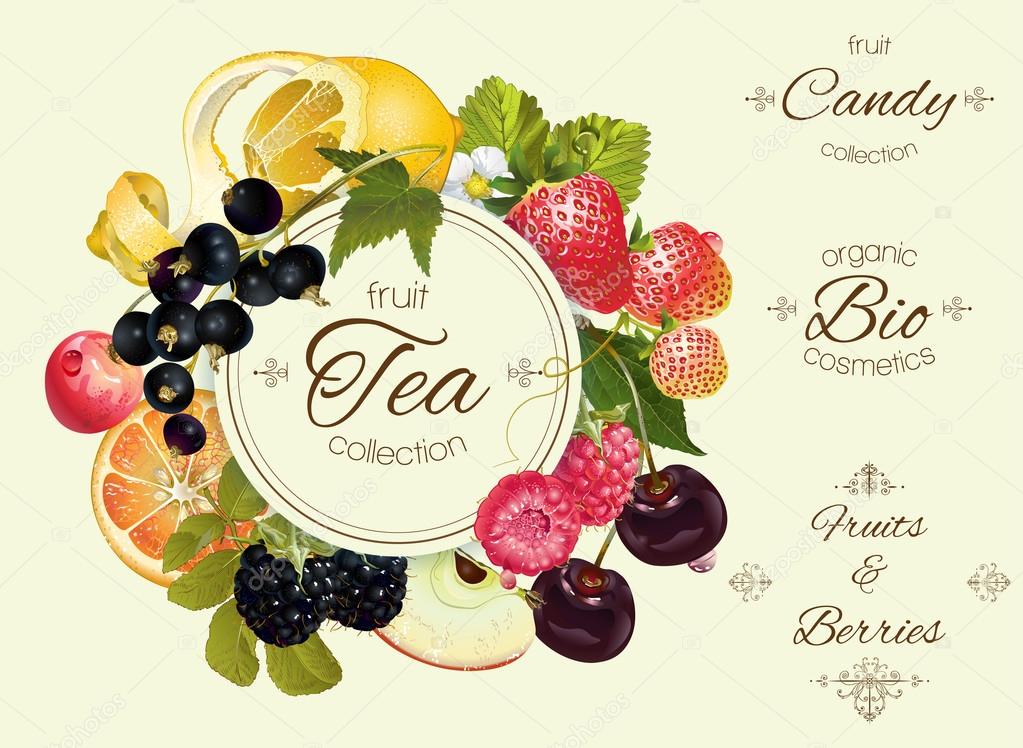 Vector vintage fruit and berry round banner .Design for tea, ice cream, jam, natural cosmetics, candy and bakery with fruit filling, health care products.. Can be used as logo design
