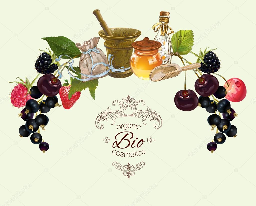Vector vintage fruit and berry cosmetic banner with honey and mortar .Design for herbal and fruit tea, natural cosmetics, candy, grocery and health care products. Can be used as logo design
