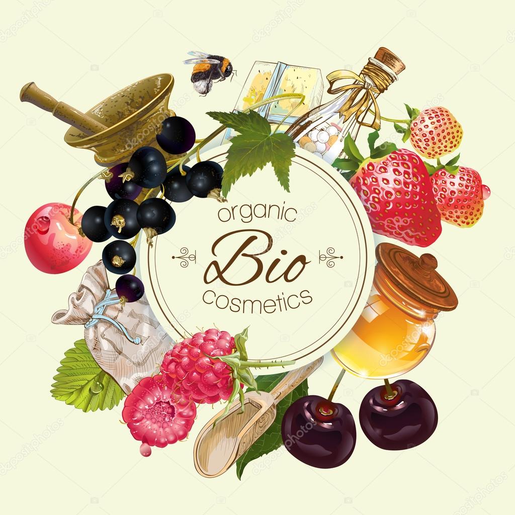 Vector vintage fruit and berry round cosmetic banner with honey and mortar .Design for herbal and fruit tea, natural cosmetics, candy, grocery and health care products. Can be used as logo design