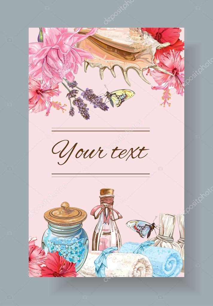 Spa treatment banner with lotus, shell and hibiscus flowers.Design for cosmetics, store,spa and beauty salon, organic health care products. With place for text. Vector illustration.