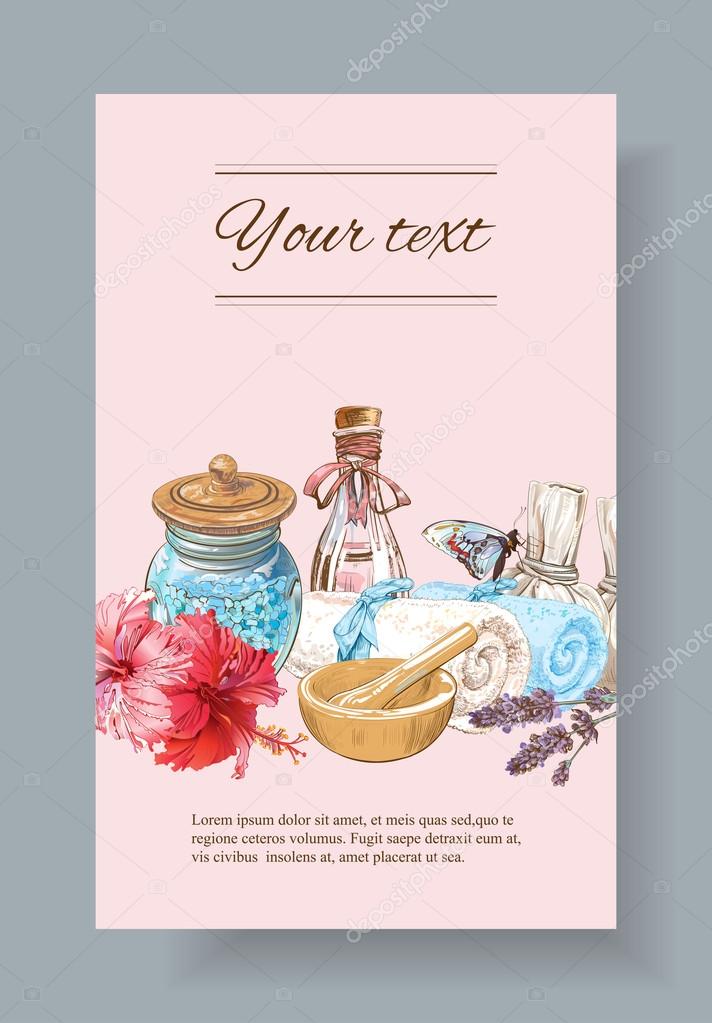Spa treatment banner with lotus, shell and hibiscus flowers.Design for cosmetics, store,spa and beauty salon, organic health care products. With place for text. Vector illustration.