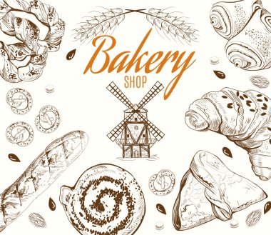 Vintage doodle beyaz arka plan üzerinde farklı türde ekmek üretim ve değirmen ayarla.