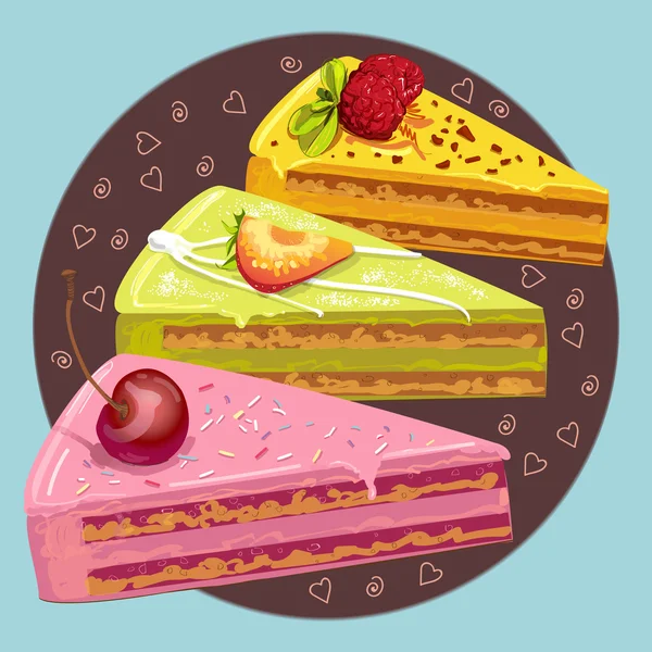 Tres trozos de pastel dulce con bayas . — Vector de stock