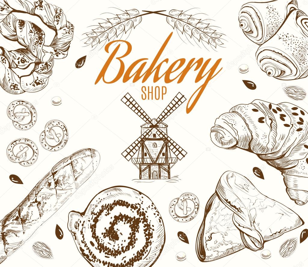 Vintage doodle set with different kinds of bakery production and mill on white background. Vector illustration