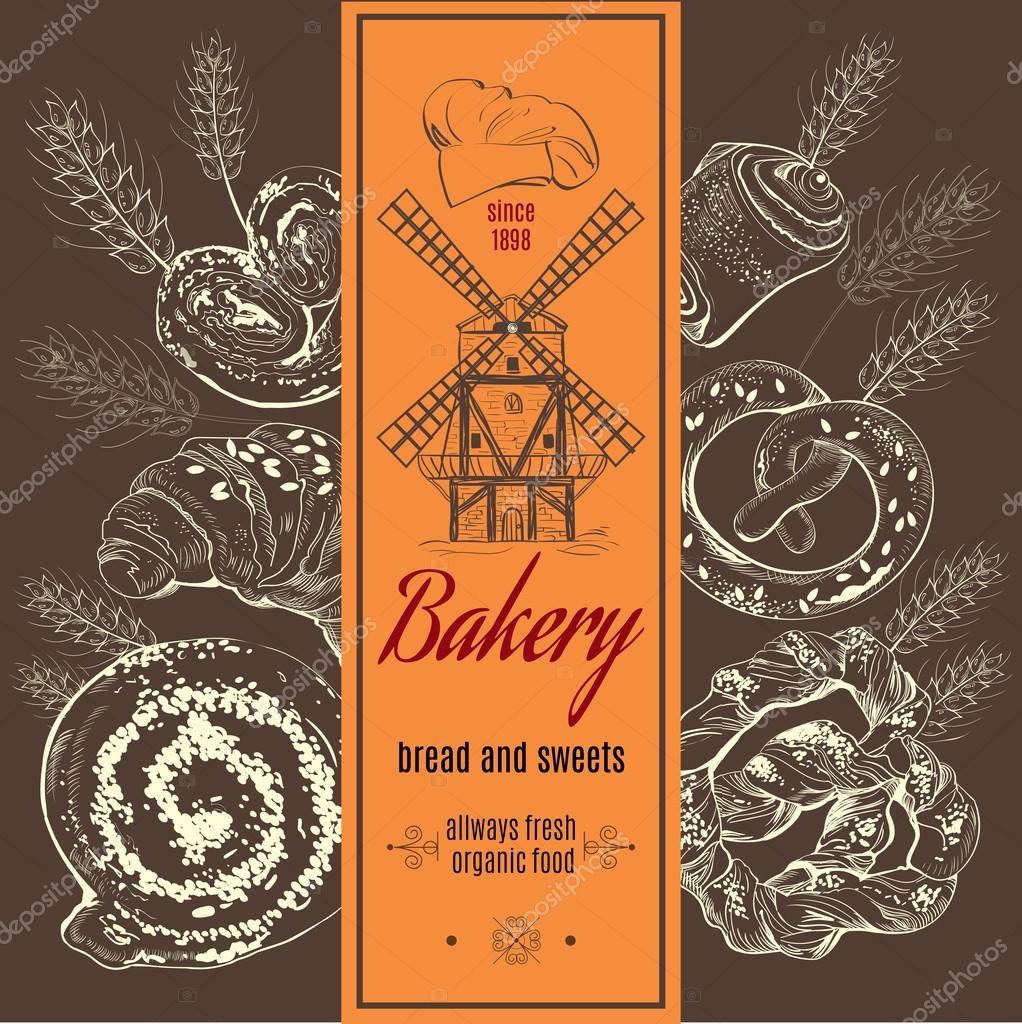 Bakery logotype with mill and ears on doodle bakery products set. Vector illustration