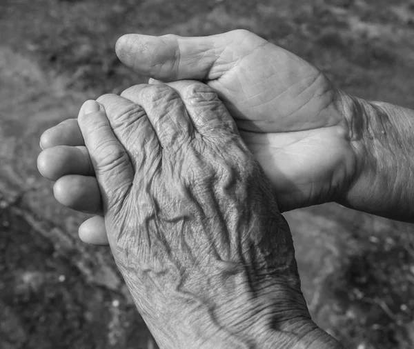 Close-up of elderly couple holding hands black and white. Stock Image