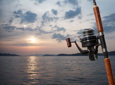 Çubuk üzerinde bulanıklık deniz günbatımı arka plan ile Balık tutma.