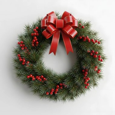 Parlak kırmızı böğürtlenlerle süslenmiş canlı bir Noel çelengi ve uyumlu kırmızı bir fiyonk. Tatil dekorasyonu için mükemmel..