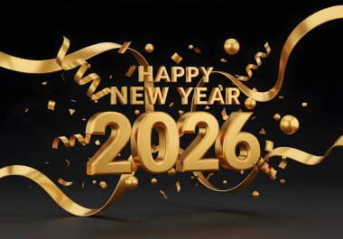 2026 yılını kapsayan, konfeti, kurdele ve karanlık bir arkaplanda kutlama unsurlarıyla süsleyen 3D bir festival..