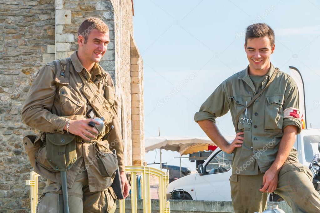 american soldiers relaxing in a reconstituted military camp