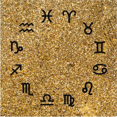 Vektör. Altın arka planda grafiksel astroloji seti. Burç burcunun basit bir siyah geometrik gösterimi