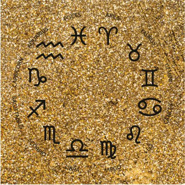 Vektör. Altın arka planda grafiksel astroloji seti. Burç burcunun basit bir siyah geometrik gösterimi