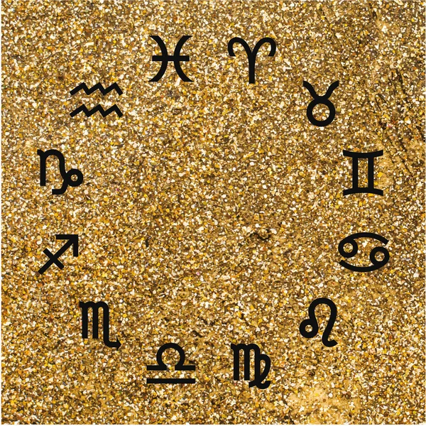 Vektör. Altın arka planda grafiksel astroloji seti. Burç burcunun basit bir siyah geometrik gösterimi