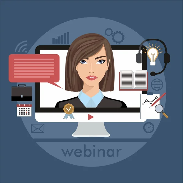 Diseño plano colorido concepto de ilustración para webinar, aprendizaje en línea, conferencias en Internet en vector — Vector de stock