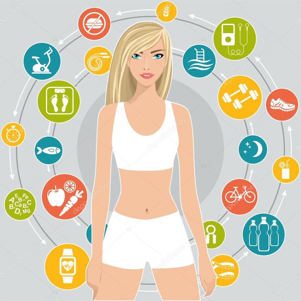 Flat vector illustration Sport and diet, a set of icons with tips for weight loss