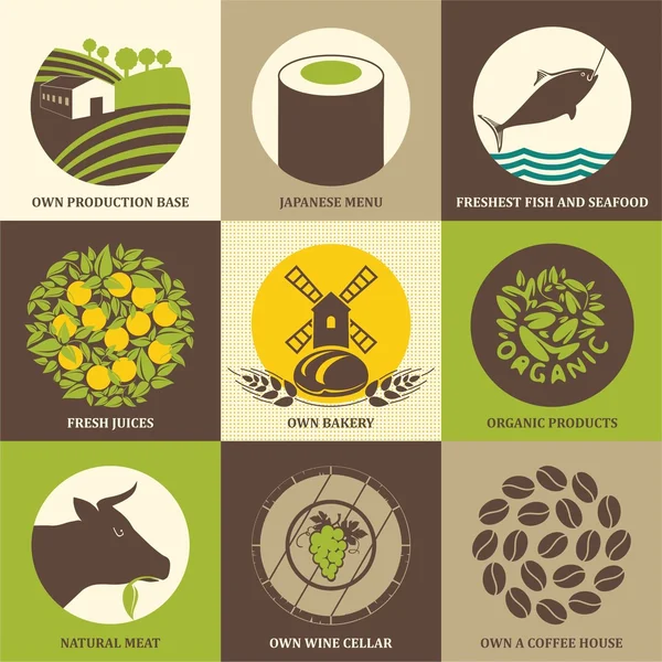 Sada ikon pro jídlo, restaurací, kaváren a supermarketů. Organické potraviny vektorové ilustrace — Stockový vektor