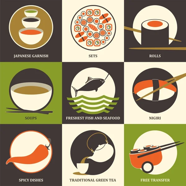 Japán élelmiszer sushi gyűjtemény. Készlet színes lapos ikonok. Vektoros illusztráció — Stock Vector