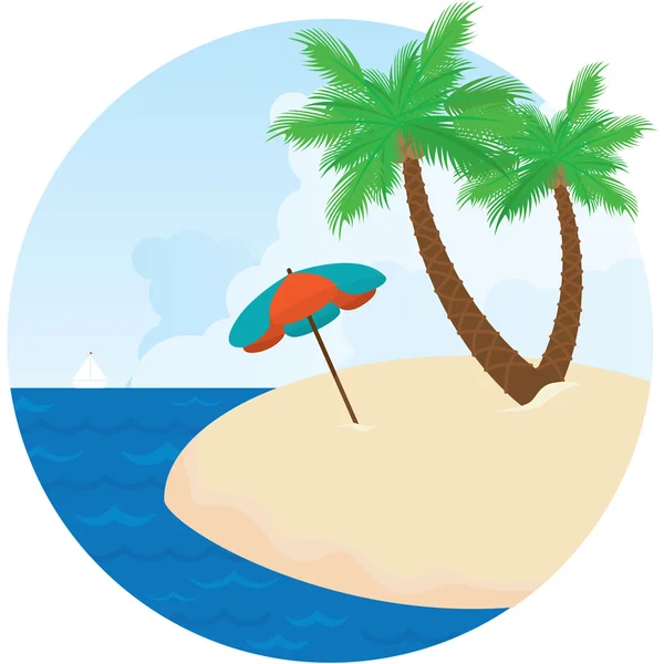 Summer island. Parasol, sea and palm trees on the beach. — Stock Vector