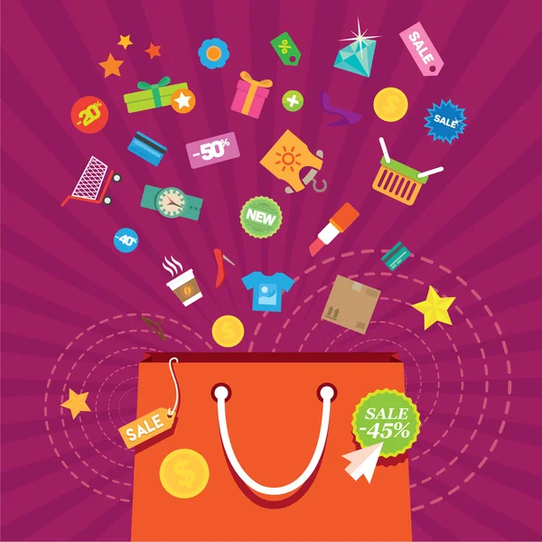 Shopping bag accessories, discounts buying clothes — Stock Vector