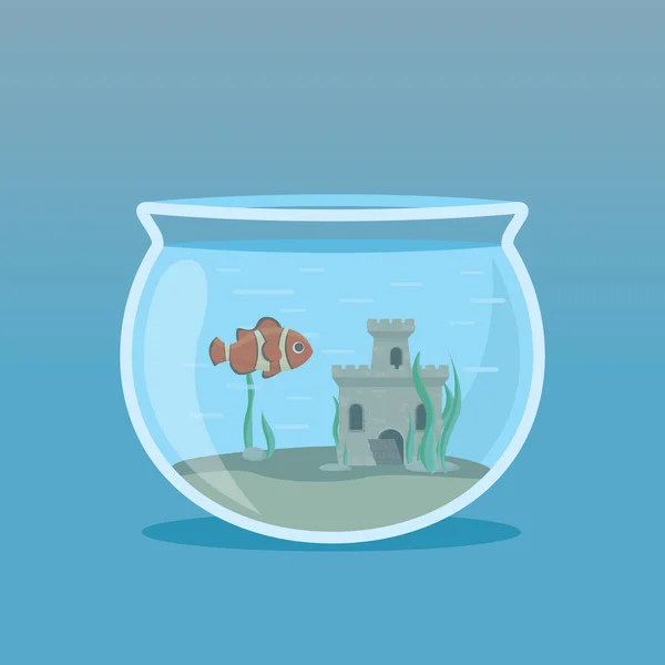Bir akvaryum yosun ve kaleler suyun altında palyaço balığı. Vektör çizimler