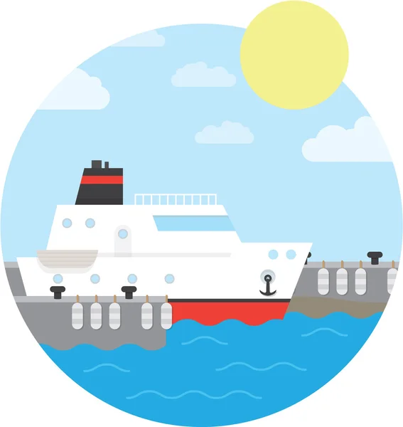 Bateau de croisière dans le port. Yacht sur l'eau. Illustration vectorielle du fond rond — Image vectorielle