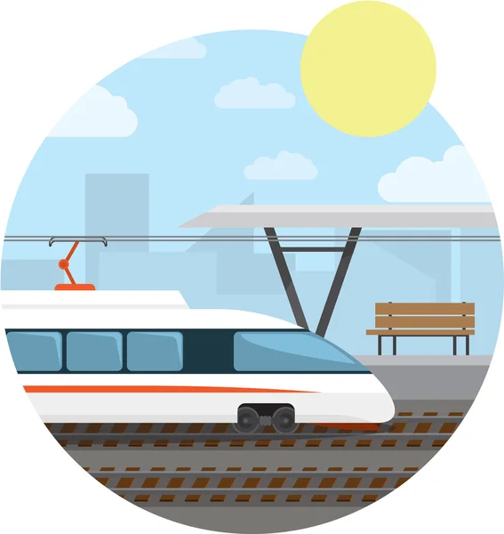 Metro Station. High-speed train at the railway stop. Vector illustration round background — Stock Vector