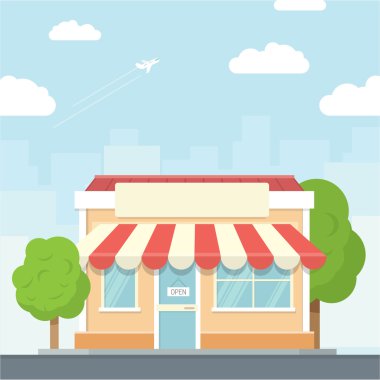 Küçük bir dükkanda kentsel peyzaj düz tasarım stili, vektör çizim. İş, binalar, ağaçlar, sokak, süpermarket içerir