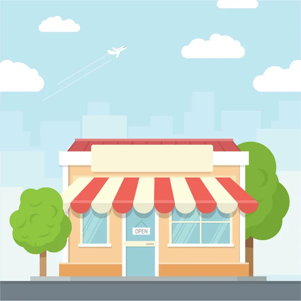 Küçük bir dükkanda kentsel peyzaj düz tasarım stili, vektör çizim. İş, binalar, ağaçlar, sokak, süpermarket içerir
